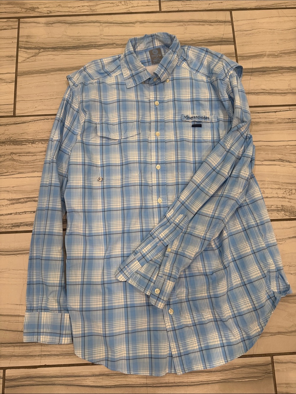 Vineyard Vines Light Blue and White Plaid Button-Down Shirt